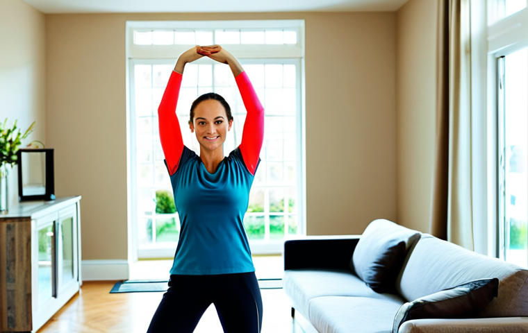**
A woman in a professional setting, fully clothed in modest workout attire, performing arm circles in a brightly lit living room. Safe for work, appropriate content, perfect anatomy, natural pose, professional.
**