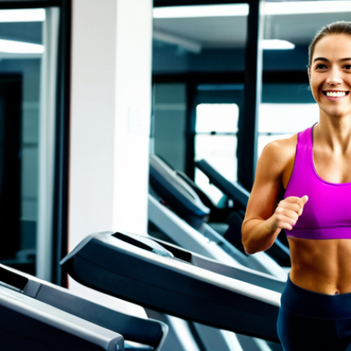 Home 8 **
A determined woman, fully clothed in appropriate athletic wear (sports bra, leggings, athletic shoes), running on a treadmill in a bright, modern gym. She is smiling slightly, focused on her workout. In the background are other people exercising. Safe for work, appropriate content, professional, modest. Perfect anatomy, correct proportions, natural pose, well-formed hands, proper finger count, natural body proportions.
**