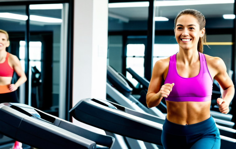 **
A determined woman, fully clothed in appropriate athletic wear (sports bra, leggings, athletic shoes), running on a treadmill in a bright, modern gym. She is smiling slightly, focused on her workout. In the background are other people exercising. Safe for work, appropriate content, professional, modest. Perfect anatomy, correct proportions, natural pose, well-formed hands, proper finger count, natural body proportions.
**