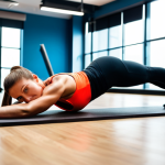 코어 근육 강화를 위한 플랭크 도구 - "A woman in athletic wear, fully clothed, performing a forearm plank on an exercise mat in a brightl...