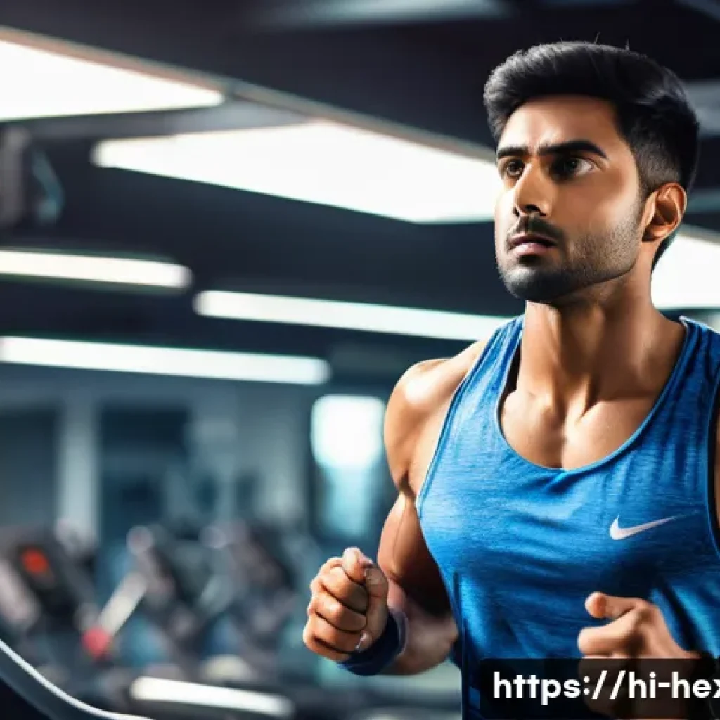 심폐 지구력 강화를 위한 트레드밀 프로그램 - A young Indian man in sporty attire with a light sweat and focused expression, gradually increasing ...
