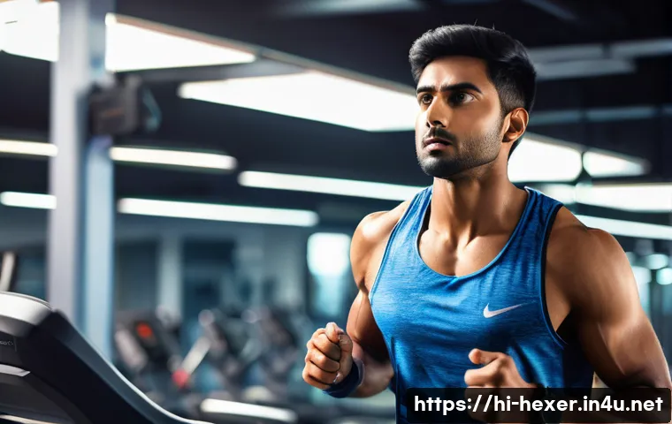 심폐 지구력 강화를 위한 트레드밀 프로그램 - A young Indian man in sporty attire with a light sweat and focused expression, gradually increasing ...