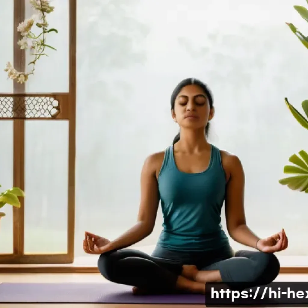 요가와 필라테스의 차이와 장단점 - A serene yoga session in a quiet, softly lit room featuring a young Indian woman wearing comfortable...