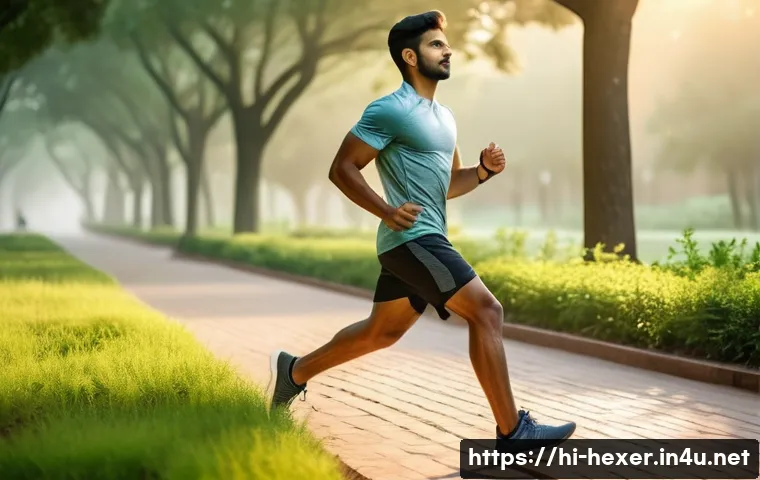 운동 전후 스트레칭 필수 동작 - A young Indian man performing dynamic stretching exercises outdoors in early morning light, wearing ...