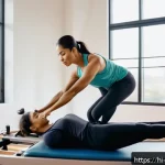 필라테스와 요가의 차이 - A serene indoor Pilates studio scene featuring a focused adult woman performing controlled core stre...
