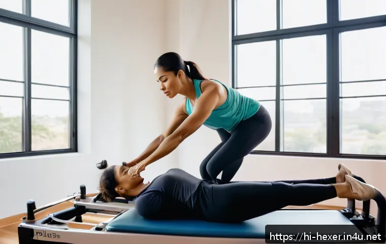 필라테스와 요가의 차이 - A serene indoor Pilates studio scene featuring a focused adult woman performing controlled core stre...