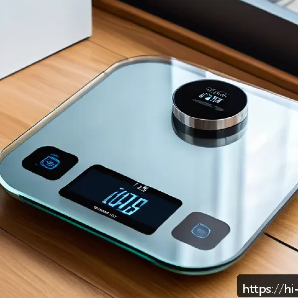 체지방 측정 스마트 체중계 비교 - A modern smart body fat scale on a sleek bathroom floor with a clear digital display showing body fa...
