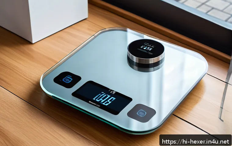 체지방 측정 스마트 체중계 비교 - A modern smart body fat scale on a sleek bathroom floor with a clear digital display showing body fa...