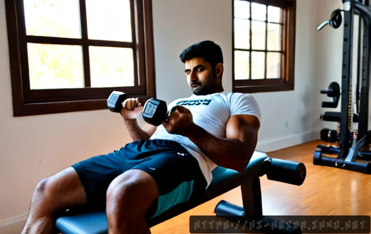 효율적인 상체 근력 운동 프로그램 - Photorealistic fitness scene of an Indian man in a clean, modern home gym performing dumbbell bench ...